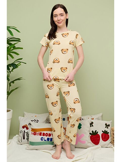 Fullamoda Kalp Desenli Bisiklet Yaka Kısa Kollu Pijama Takımı