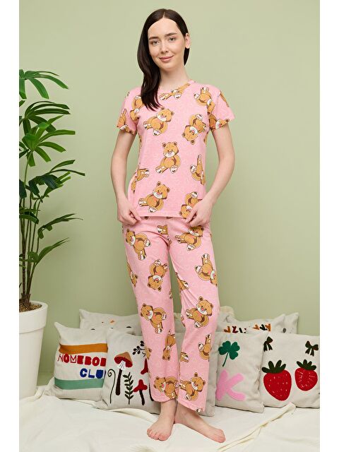 Fullamoda Kalp Desenli Bisiklet Yaka Kısa Kollu Pijama Takımı