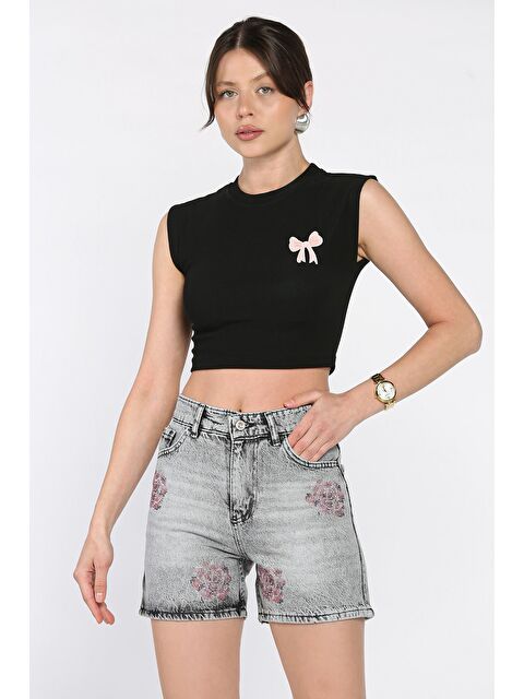 Gülseli Kadın Çiçek Taşlı Jean Jean Şort - S000399257-20600