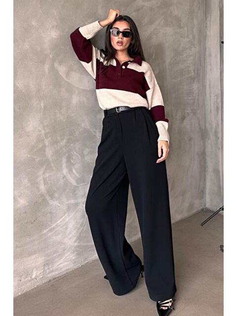 Madmext Siyah Çift Pileli Kemerli Pantolon Mg2330 - S000346039-19351