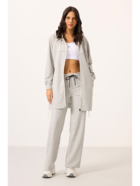 Tommylife Gri Melanj Dik Yaka Fermuarlı Pamuklu Kadın Eşofman Tunik Takım - 95346