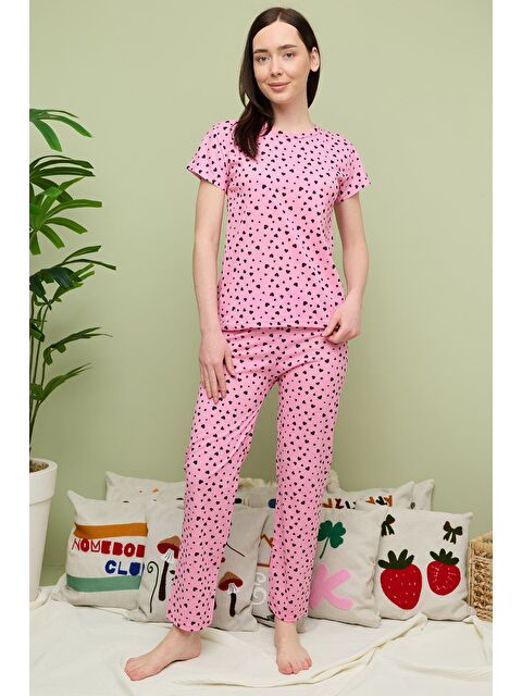 Fullamoda Kalp Desenli Bisiklet Yaka Kısa Kollu Pijama Takımı