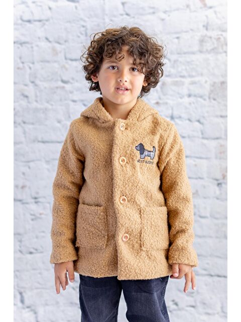 MİNİNİO Unisex Çocuk  Köpek Nakışlı Pelüş Kaban Bej - S000363717-19928