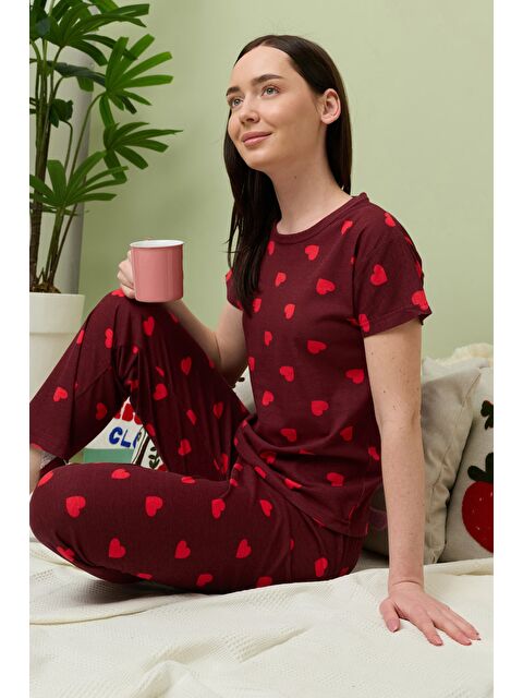 Fullamoda Kalp Desenli Bisiklet Yaka Kısa Kollu Pijama Takımı