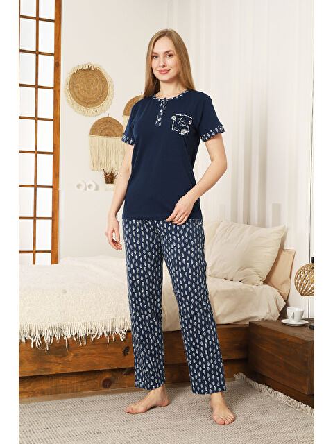 Enisena Kadın Pijama Takımı-Pamuk Penye Kumaş-3 Düğmeli 12607