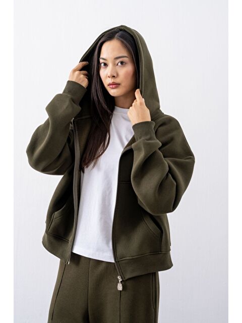 gothamVibes Kadın Chill Oversize Haki Fermuarlı Sweatshirt - S000514528-18547