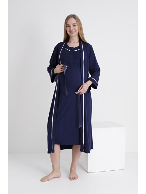 MİSS DÜNYA LİSSA Lacivert Sabahlıklı Emzirmeye Uygun Şerit Detaylı Hamile ve Lohusa Sıfır Kol Gecelik Takımı - S000381128-21164