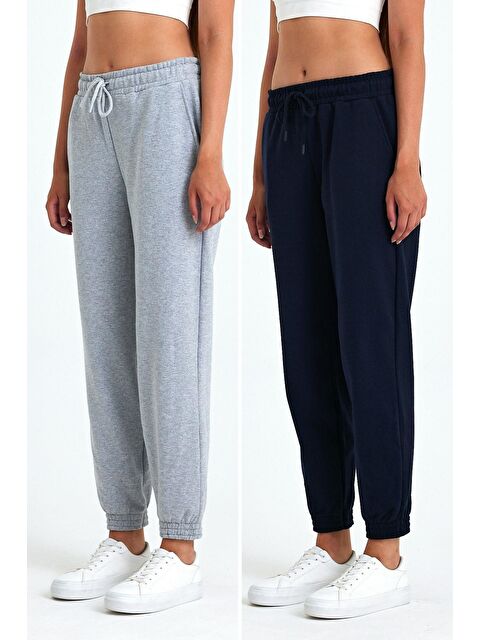 Mmetalic Kadın Gri-Lacivert Pamuklu Kalın Paçası Lastikli Yüksek Bel Rahat Jogger 2'li Eşofman Altı - S000243452-37281