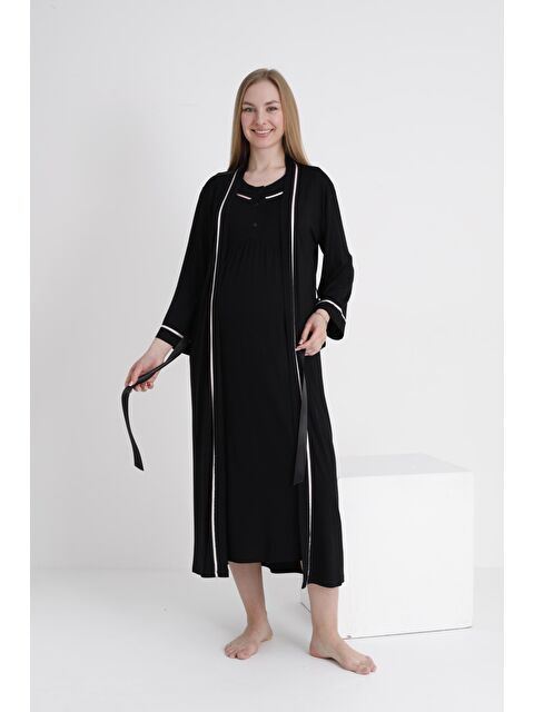 MİSS DÜNYA LİSSA Siyah Sabahlıklı Emzirmeye Uygun Şerit Detaylı Hamile ve Lohusa Sıfır Kol Gecelik Takımı - S000381128-19351