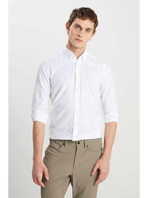 Altınyıldız Classics Erkek Beyaz %100 Pamuk Slim Fit Düğmeli Yaka Armürlü Flamlı Gömlek - S000527413-20063