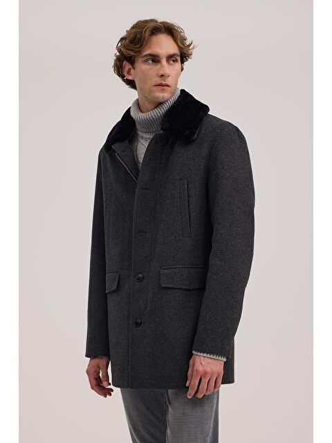 JAKAMEN Antrasit Regular Fit Kürklü Yaka Yünlü Kaban - S000496607-29666