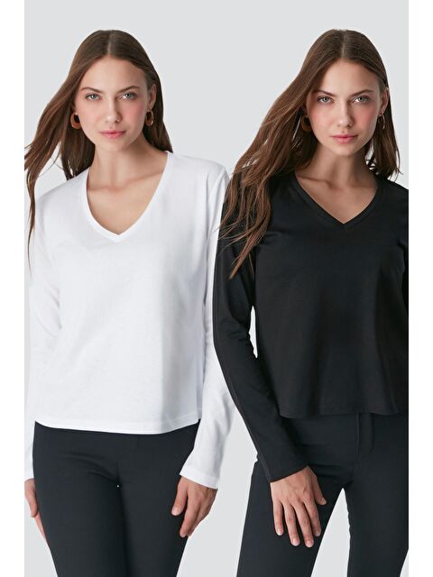 C&City V Yaka Uzun Kol 2'Li Basic T-Shirt 954 Siyah/Beyaz - S000216823-19351