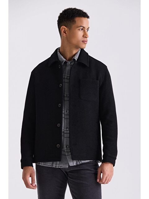 JAKAMEN Siyah Slim Fit Berberi Yaka Yünlü Kaşe Kaban - S000496610-19351