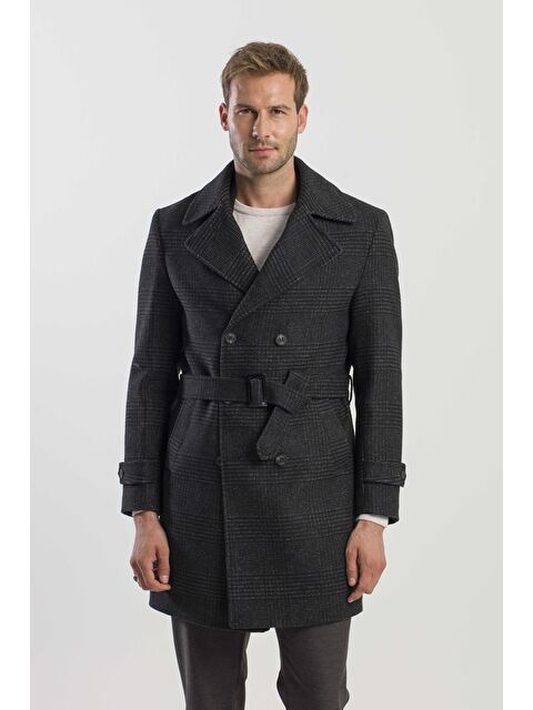 JAKAMEN Siyah Slim Fit Gemici Yaka Ekoseli Yünlü Kaban - S000496594-19351