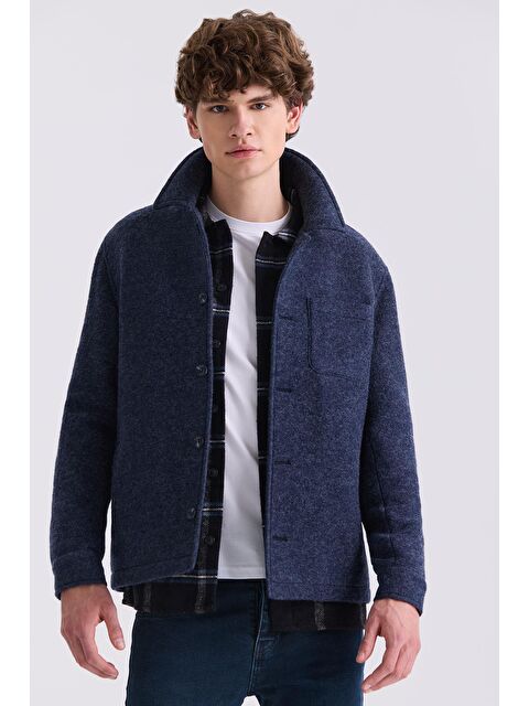 JAKAMEN Lacivert Slim Fit Berberi Yaka Yünlü Kaşe Kaban - S000496610-21164