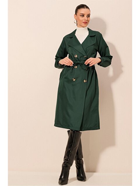Bigdart 5853 Kruvaze Yaka Trençkot - Zümrüt Yeşili - S000085404-18709