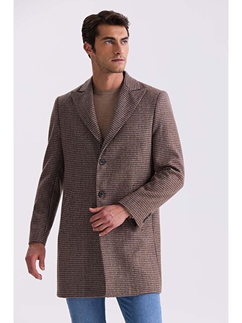 JAKAMEN Kahve Comfort Fit Sivri Yaka Kareli Desenli Yünlü Kaşe Kaban - S000496598-19413