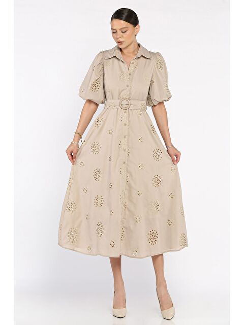 Gülseli Gömlek Yaka Boydan Düğmeli Kemerli Elbise - S000399266-19928