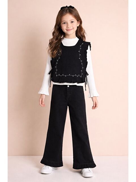 Cansın Mini Siyah Geniş Paça Pantolonlu Taş Detaylı 3lü Kız Çocuk Jean Takım 23739 - S000527976-19351