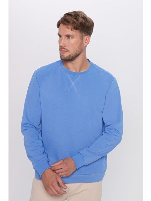 TUDORS Unisex Oversize Geniş Kesim Pamuklu Basic İndigo Renk Bisiklet Yaka Sweatshirt - S000286123-20019