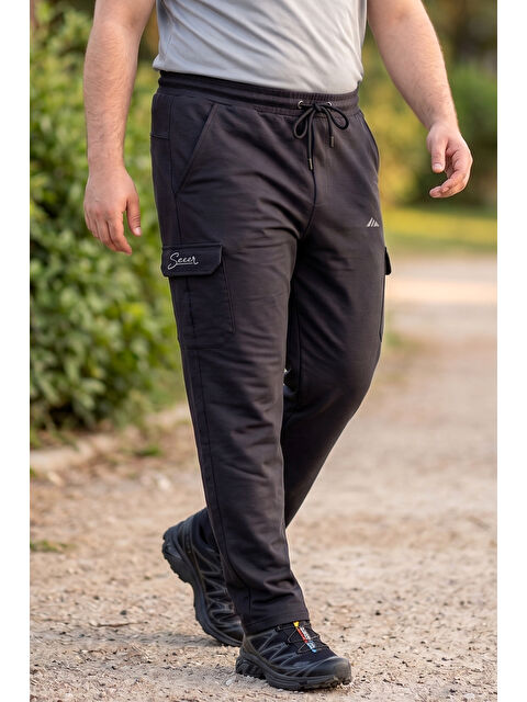 Remsa Büyük Beden Erkek Komando Cep Detay Beli Ribana Pamuklu Düz Paça Eşofman Altı 1709 Siyah