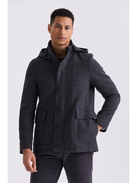 JAKAMEN Koyu Lacivert Comfort Fit Hakim Yaka Desenli Kapüşonlu Yünlü Spor Kaban - S000496608-21164