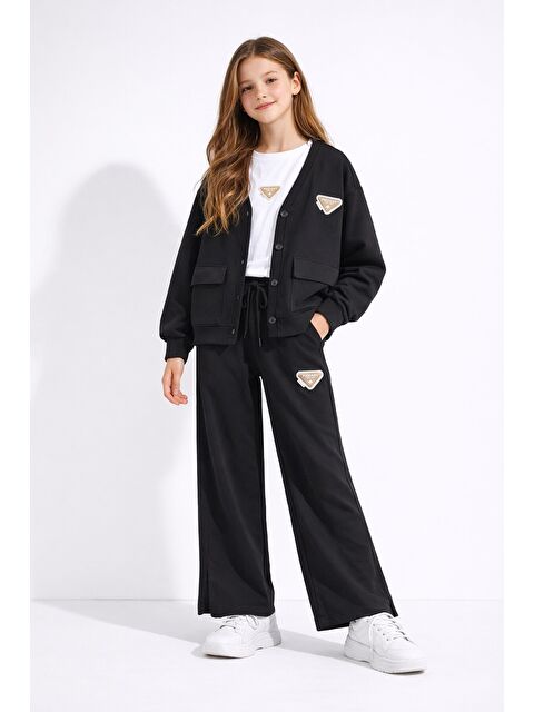 Cansın Mini Siyah Logo Detaylı Düğmeli Hırkalı Kız Çocuk Yırtmaçlı Pantolonlu 3lü Takım 23732 - S000524870-19351