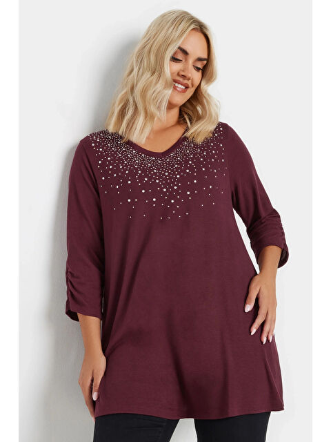 Stil Diva Büyük Beden V Yakası Taş İşlemeli Kolları Büzgülü Bluz - S000298645-19951