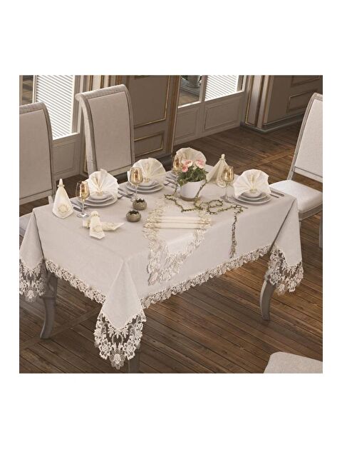 Çeyiz Diyarı Fransız Güpürlü Beste Tek Masa Örtüsü Krem - S000485358-19966