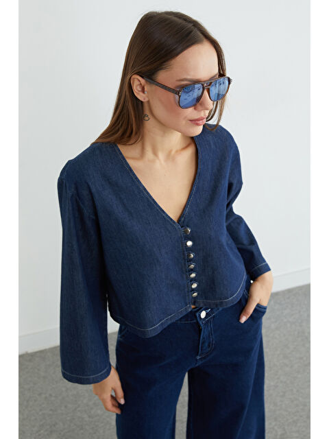 Fullamoda Düğmeli Geniş Kol Crop Jean Gömlek - S000511595-21164