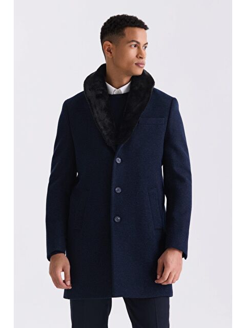 JAKAMEN Lacivert Regular Fit Çıkarılabilir Yaka Yünlü Kaşe Kaban - S000496612-21164