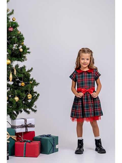 ZUZUNGA Kız Çocuk Ekose Desenli Fiyonklu Tüllü ( 2-6 ) Yaş Elbise - S000527977-20045