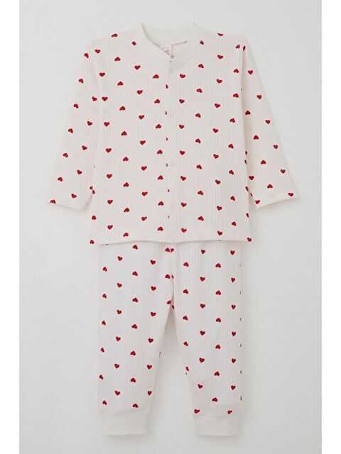 Breeze Kız Bebek Pijma Takımı Kalp Desenli Önden Çıtçıtlı Ekru (4 Ay-1 Yaş) - S000506149-19965