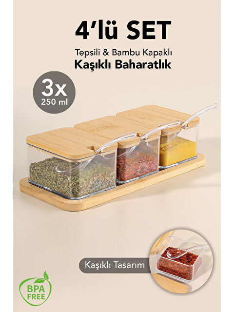 Meleni Home 3'lü Bambu Kapak Kapaklı Saklama Kabı 250 ml