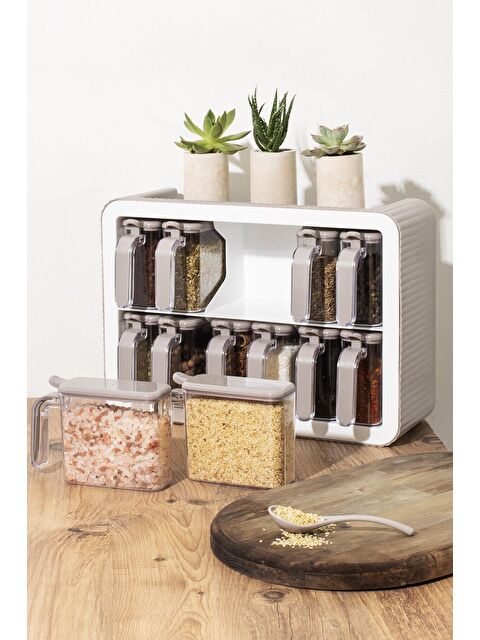 Porsima 0440 12 li Standlı Kendinden Yapışkanlı Kaşıklı Kapaklı Baharatlık Takımı - Cappuccino Beyaz - S000507847-17365