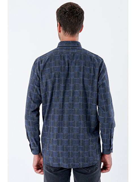 İMZA Lacivert Uzun Kollu Ekoseli Düğmeli Yaka Cepli Garnili Pamuklu Klasik Comfort Fit Gömlek 1004235142 - S000352852-21164