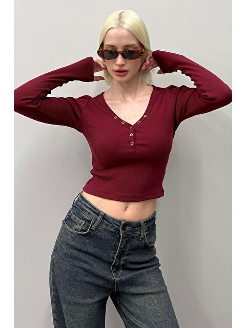 Madmext Bordo V Yaka Uzun Kollu Düğme Detaylı Kaşkorse Bodysuit Mg2194 - S000439993-19951