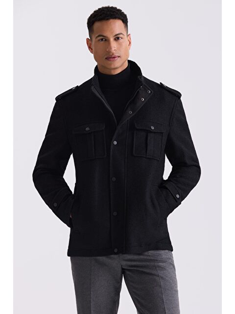 JAKAMEN Siyah Slim Fit Hakim Yaka Apoletli Desenli Spor Kaşe Kaban - S000496613-19351