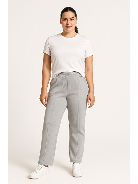 Tommylife Gri Melanj Geniş Paça Ön Dikiş Detaylı Battal Büyük Beden Kadın Eşofman Altı - 94654 - S000448630-74