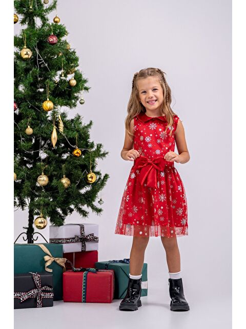 ZUZUNGA Kız Çocuk Kar Taneli Kırmızı Fiyonklu Tül Elbise - S000527978-37325