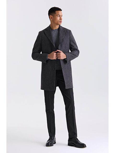 JAKAMEN Siyah Comfort Fit Sivri Yaka Kareli Desenli Yünlü Kaşe Kaban - S000496598-19351