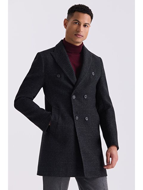 JAKAMEN Siyah Comfort Fit Sivri Yaka Ekose Desenli Yünlü Kaban - S000496615-19351