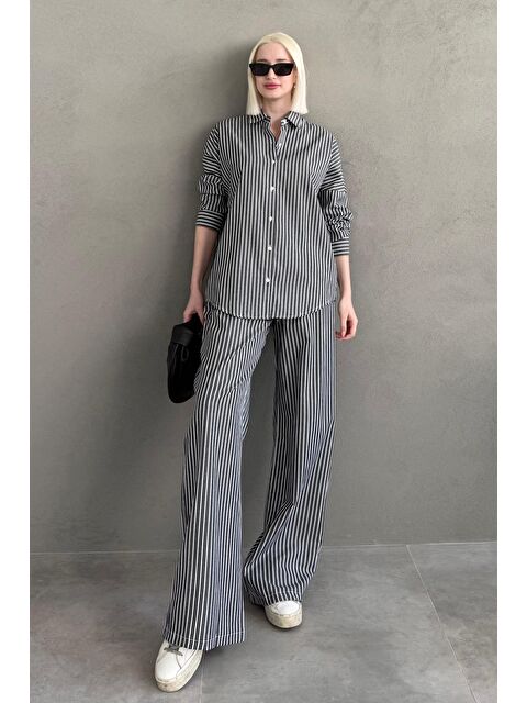 Madmext Siyah Çizgili Gömlek Pantolon Kadın Takım Mg2457 - S000377744-19351