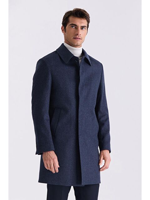 JAKAMEN Koyu Lacivert Comfort Fit Berberi Yaka Kareli Desenli Yünlü Kaşe Kaban - S000496614-29672