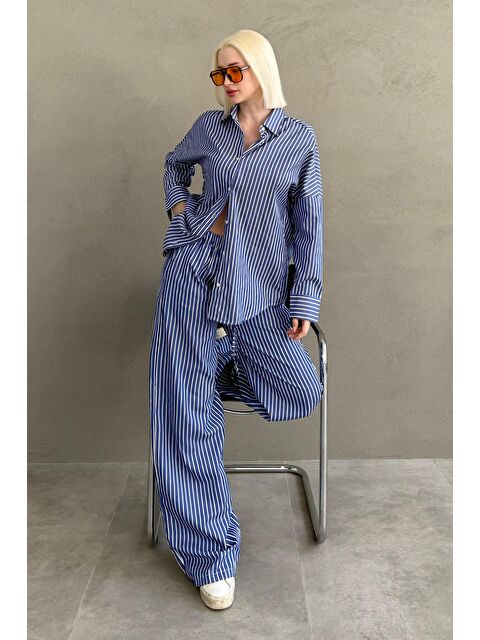 Madmext Lacivert Çizgili Gömlek Pantolon Kadın Takım Mg2457 - S000377744-21164