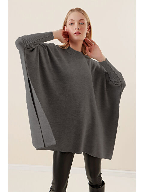 Bigdart 15783 Yırtmaçlı Panço Kazak - A.Gri - S000085408-17308