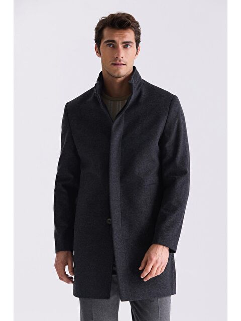 JAKAMEN Füme Slim Fit Dik Yaka Balık Sırtı Desenli Yünlü Spor Kaban - S000496616-33408