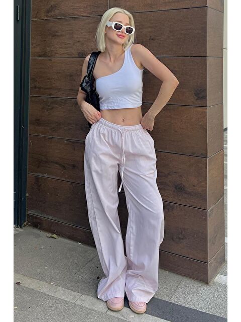 Madmext Pudra Beli Ayarlanabilir Bol Paça Dökümlü Çizgili Pantolon Mg2087 - S000212545-23490