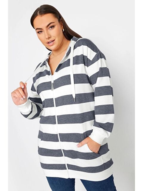 Stil Diva Büyük Beden Kapüşonlu Fermuarlı Çizgili Uzun Kollu Sweatshirt 302936 - S000165602-29666