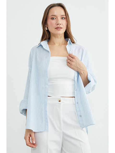 Fullamoda Çizgili Arkası Uzun Oversize Gömlek - S000511600-17437